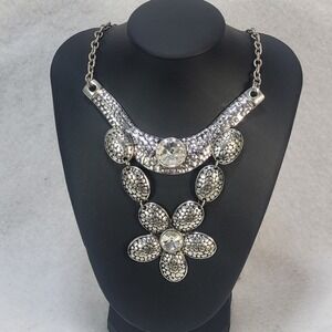 Silver Tone Rhinestone Flower Drop Chunky Bib Statement Fashion Necklace